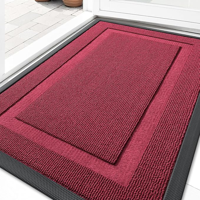 OLANLY Front Door Mat Indoor Outdoor Entrance, Waterproof All-Season, All-Weather Doormat, Sturdy Natural Rubber, Low Profile, Easy Clean Patio Porch Entryway Mat, 29.5x17, Burgundy