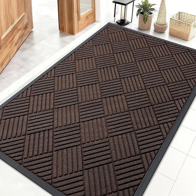 OLANLY Front Door Mat Outside Entrance 47x32, Absorbent, Heavy Duty Sturdy Natural Rubber Doormat Indoor Outdoor, Stain and Fade Resistant, Non-Slip Low Profile Floor Mat for Entryway, Brown Diamond