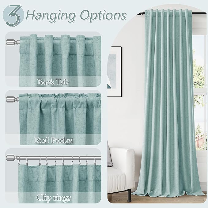 Guken 100% Blackout Linen Curtains 102 Inch Length 2 Panels Set for Living Room Bedroom Back Tab Thermal Insulated Black Out Linen Drapes Room Darkening Window Curtains,Light Blue