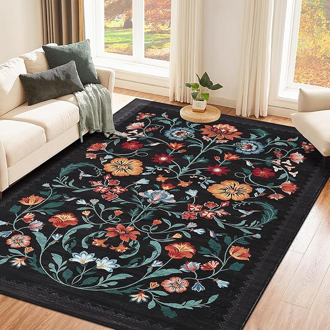 GarveeHome Washable Rug 4x6 Area Rugs for Living Room, Floral Rug for Bedroom, Soft Boho Non Slip Throw Rugs with Rubber Back, Low Pile Stain Resistant Vintage Floral Carpet for Dining Room, Black