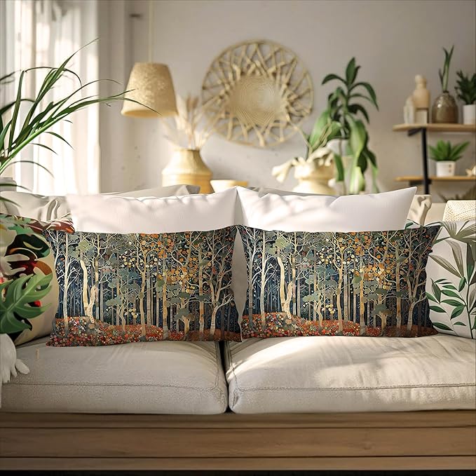 Rustic Autumn Forest Pillow Covers 20x12 Set of 2, Fall Home Room Decor, Vintage Botanical Nature William Morris Inspired Decorative Throw Pillow Covers for Home Bedroom Living Room