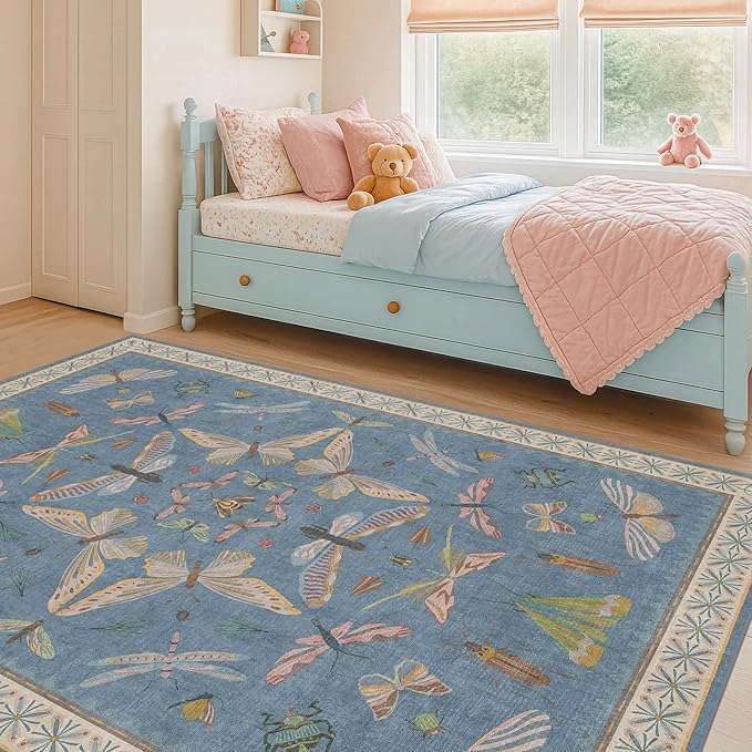 Hazo Haus Washable Blue Rugs for Bedroom Bedside - 3x4 Area Rug for Large Kitchen, Entrance Indoor, Boho Insect Print Bug Décor, Non Slip Low Pile Fade Resistant