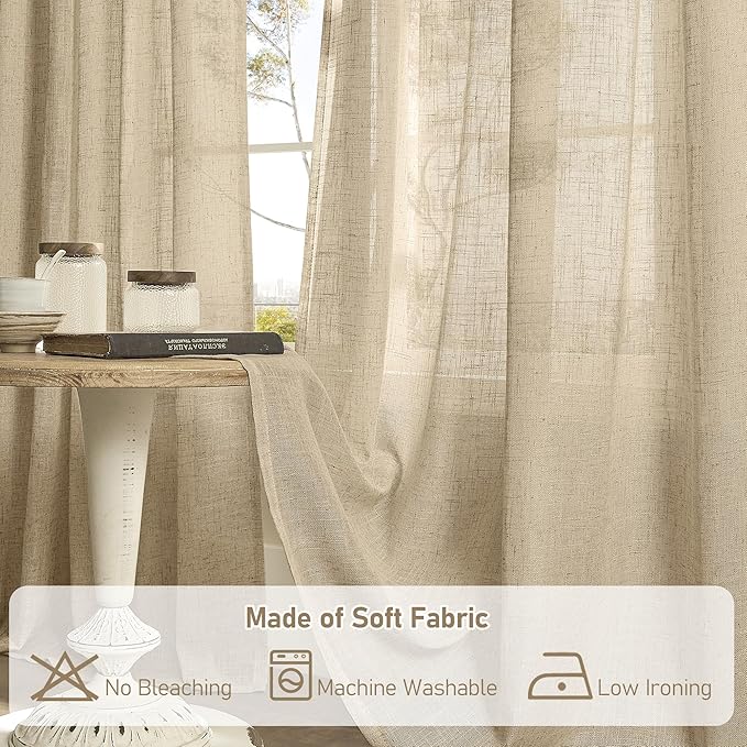 LAMIT 45 Inch Short Window Linen Curtains, Light Filtering Panels Back Tab and Rod Pocket Neutral Drapes for Cafe/Bathroom/Loft Room, Brown, 2 Panels, 34 x 45 Inch