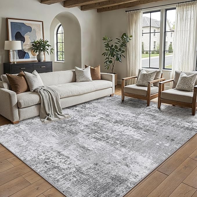 PureCozy 6x9 Grey Area Rug Washable Modern Abstract Living Room Carpet Non Slip Neutral Low Pile Soft Contemporary Gray Bedroom Large Rug Indoor Office Dining Room Playroom