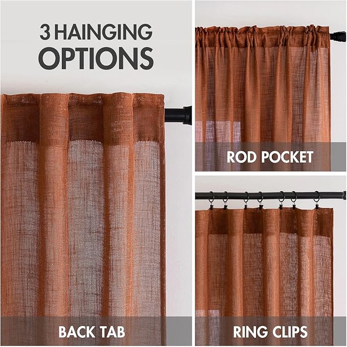 MIULEE Burnt Orange Linen Curtains 84 Inch Length for Bedroom Living Room, Soft Thick Linen Textured Window Drapes Terracotta Rust Boho Fall Decor Semi Sheer Light Filtering Back Tab 2 Panels