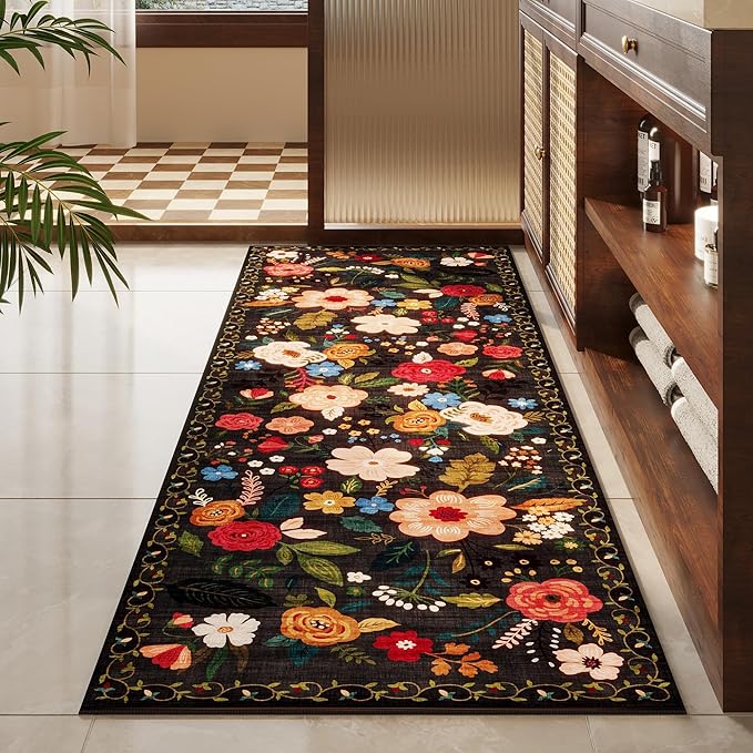 Rugcomf Runner Rug for Hallways Kitchen Rug Non Slip 2'x 6' Washable Runner Rugs with Rubber Backing Soft Floral Carpet Runner for Hallways, Kitchen, Laundry, Bedroom, Bathroom(Black)