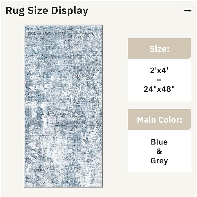 Soalmost 2x4 Washable Rugs for Kitchen, Floor, Entryway, Powder Room Small Area Rug Non-Slip Vintage Low Pile Throw Door Mat Blue/Grey