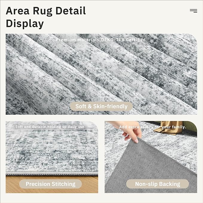 12x15 Washable Area Rug Gray Neutral Abstract Living Room Large Carpet Non Slip Bedroom Indoor Office Dining Room Low Pile Thin Grey Rug