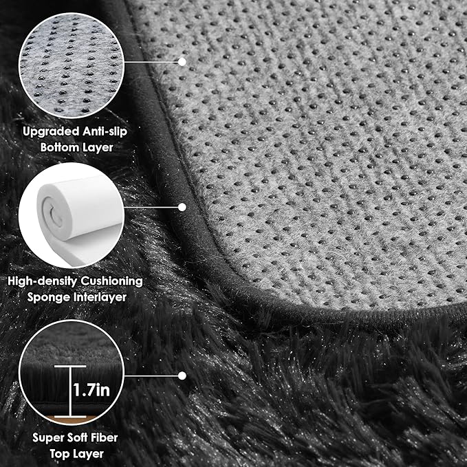 ONASAR Black Area Rugs 9x12 Living Room, Large Fluffy Shag Bedroom Rug, Soft Plush Thick Shaggy Big Floor Carpet for Kids Boy and Girls Teen Dorm Nursery Indoor Home Decor Aesthetic