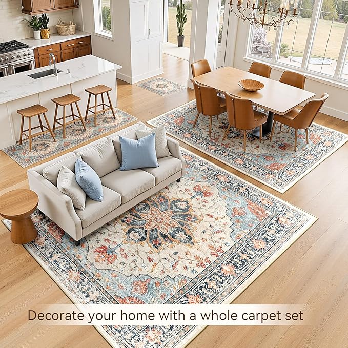 Area Rugs 8'x10' Washable Non-Slip, Floral Vintage Distress Print Pattern Medallion Carpet for Living Room Bedroom Dining Room, Beige Navy Blue Orange Colorful