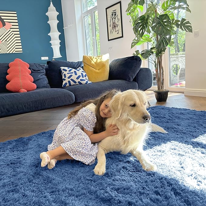 OLANLY 2x8 Machine Washable Runner Rugs for Hallway, Soft Fluffy Shaggy Bedside Rugs for Bedroom, Living Room, Indoor Floor Carpet for Kids Girls and Boys, Home Decor Aesthetic, Blue