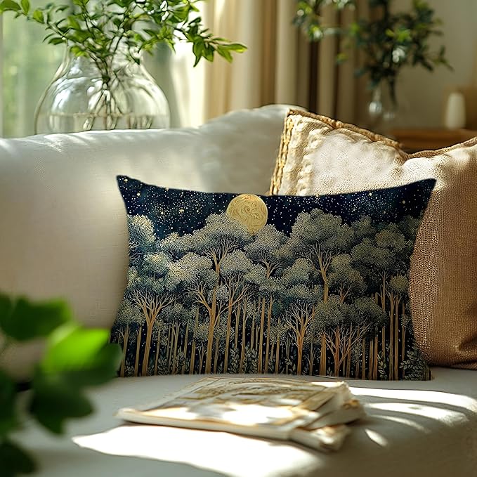 Rustic William Morris Night Forest Green Moon Decor Pillow Covers 12x20,Vintage Botanical Nature Landscape Decorative Throw Pillow Covers for Home Bedroom Living Room