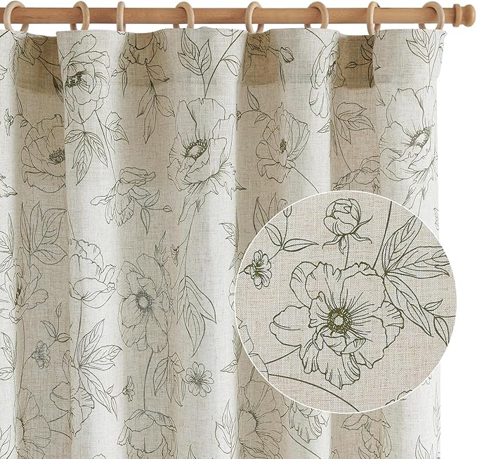 jinchan Floral Linen Curtains for Living Room 84 Inch Length Green Flower Curtain Rod Pocket Back Tab Farmhouse Curtains with Printed Floral Bedroom Window Curtain Set, 2 Panels Green