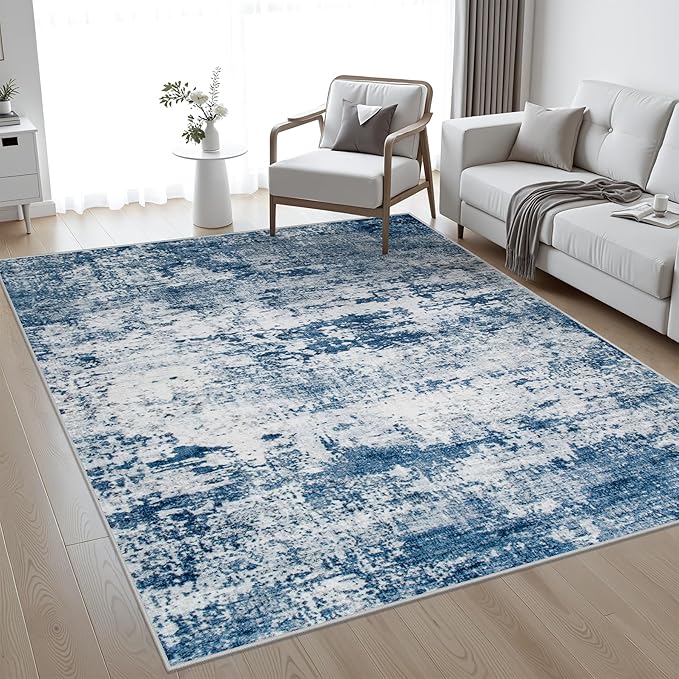 4x6 Area Rug Living Room Rug: Washable Modern Abstract Soft Thin Rug Indoor Floor No Slip Stain Resistant Carpet for Bedroom Dining Room Farmhouse Nursery Home Office - Blue