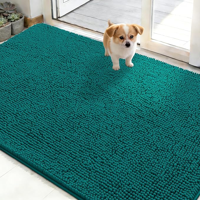 OLANLY Dog Door Mat for Muddy Paws 48x30, Absorbs Moisture and Dirt, Absorbent Non-Slip Washable Doormat, Quick Dry Chenille Mud Mat for Dogs, Entry Indoor Entryway Carpet for Inside Floor, Lake Blue