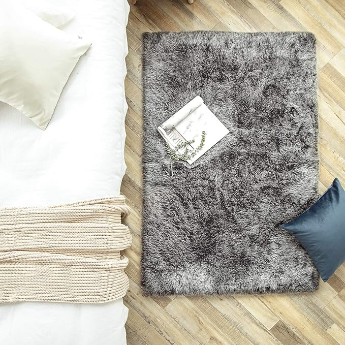 Ashler HOME DECO Soft Fox Faux Fur Chair Couch Cover Area Rug for Bedroom Floor Sofa Living Room Black White Rectangle 3 x 5 Feet