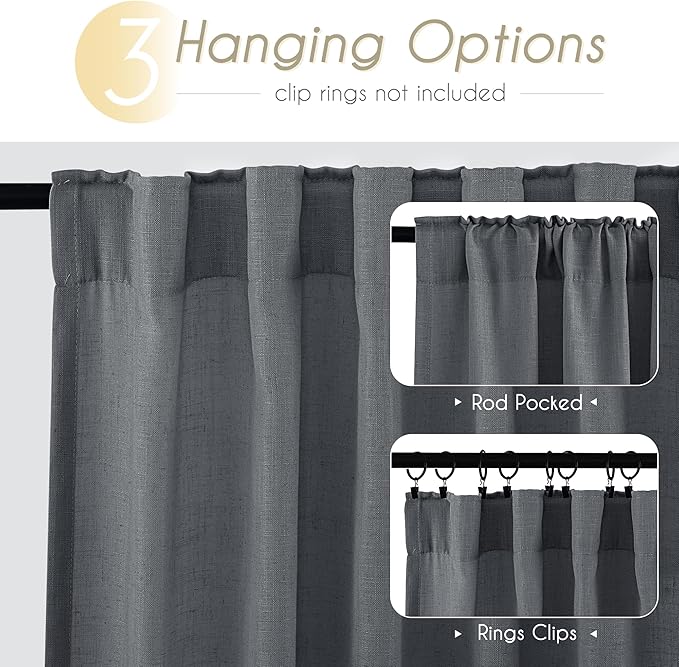 Dark Gray Curtains for Living Room Back Tab Modern Farmhouse Semi Sheer Gray Curtains 120 inches Long 2 Panels Set Muted Neutral Window Curtain for Dining Room Bedroom 52x120