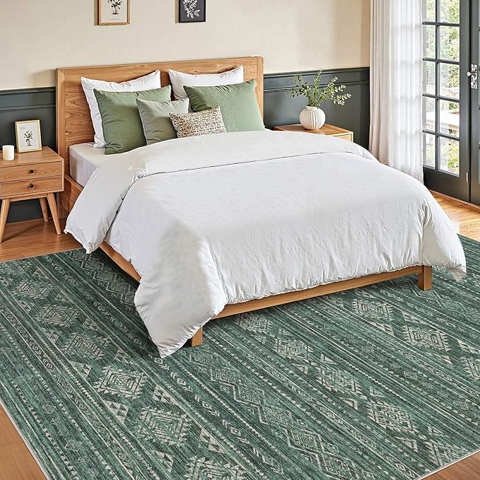 Nakagishi 7x9 Area Rugs Living Room: Washable Boho Large Neutral Soft Farmhouse Rug Stain Resistant Modern Indoor Floor Non-Slip Carpet for Bedroom Nursery Kids Playroom Office Dining Room Dorm- Green