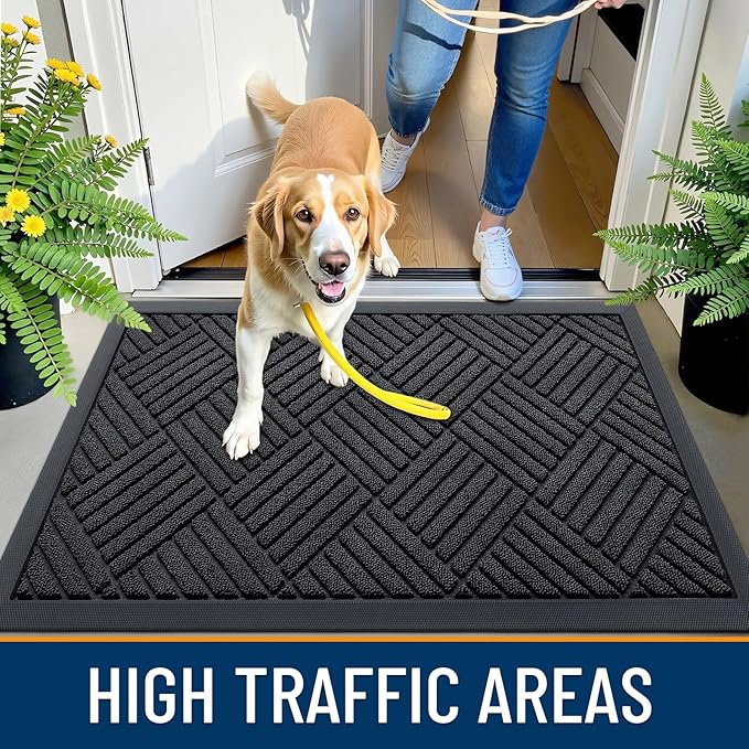 OLANLY Front Door Mat Outside Entrance 29.5x17, Absorbent, Heavy Duty Sturdy Natural Rubber Doormat Indoor Outdoor, Stain and Fade Resistant, Non-Slip Low Profile Floor Mat for Entryway, Black Diamond