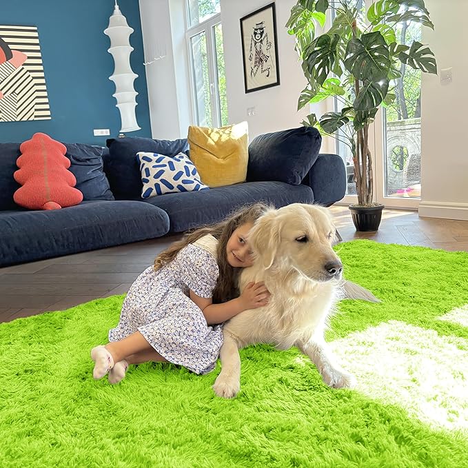OLANLY 2x6 Machine Washable Runner Rugs for Hallway, Soft Fluffy Shaggy Bedside Rugs for Bedroom, Living Room, Indoor Floor Carpet for Kids Girls and Boys, Home Decor Aesthetic, Lime Green