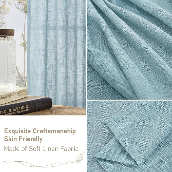 LAMIT 40 Inch Length Linen Curtains for Small Windows, Semi Sheer Light Filtering Panels Back Tab and Rod Pocket Country Decor Drapes for Basement/Kitchen, Stone Blue, 2 Panels, 34 x 40 Inch