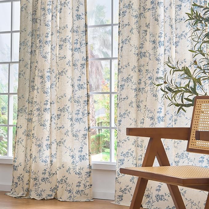 Lazzzy Farmhouse Linen Curtains Extra Long Blue Floral Curtains 108 Inch Long Back Tab Drapes for Living Room Bedroom Light Filtering Country Vintage Rod Pocket, 2 Panels, Blue on Beige