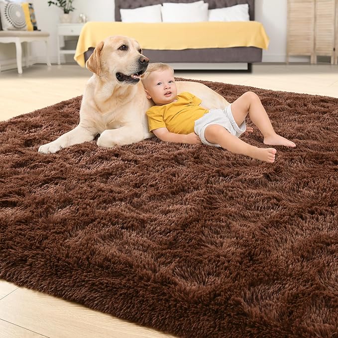 Tepook Area Rugs 9x12 for Living Room, Super Soft Fluffy Rugs for Bedroom, Modern Shaggy Rug Fuzzy Carpets for Kids, Plush Indoor Nursery Home Decor Rug with Non-Slip Bottom, Brown