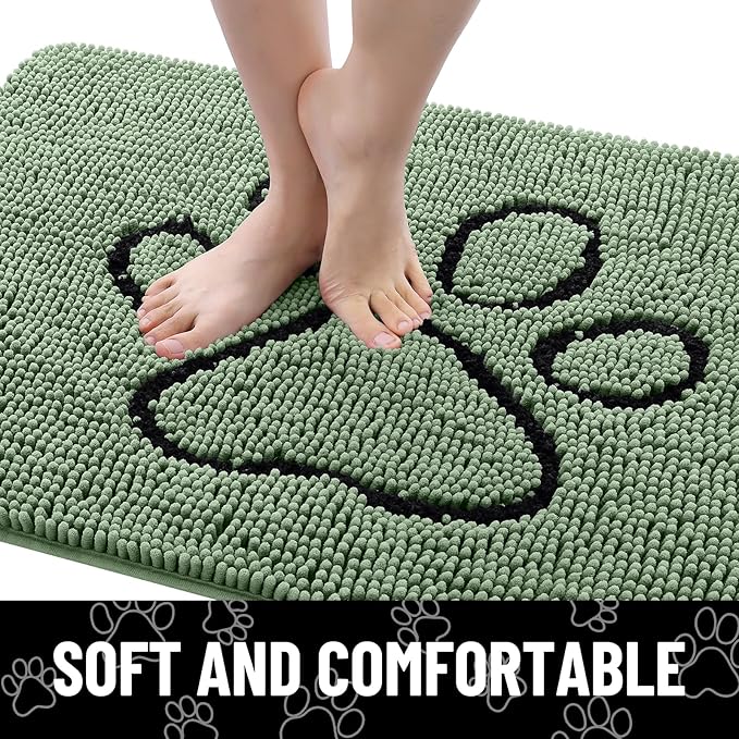 Smiry Dog Door Mat for Muddy Paws, Absorbent Dirt Trapper Non Slip Quick Dry Washable Chenille Mat for Mud Dogs, Entry Rug for Indoor and Outdoor (48x30 Inches, Olive Green and Black)
