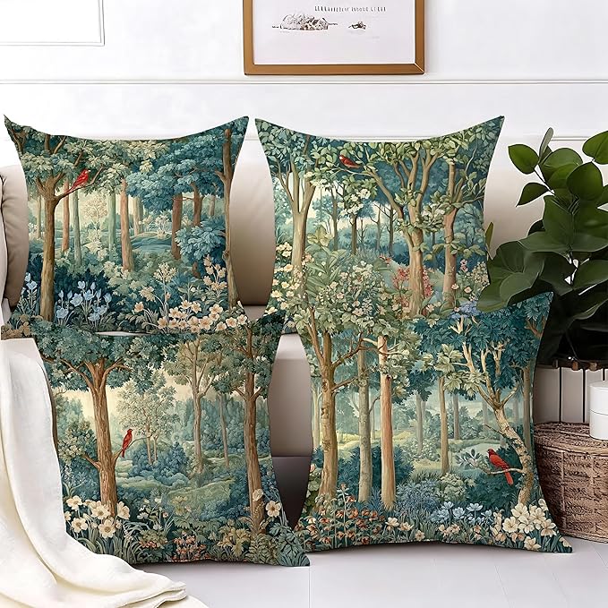 Rustic Spring Forest Green Pillow Covers 18x18 Set of 4, Cottagecore Forest Nature Botanical Wildflower Decorative Throw Pillow Covers for Sofa Bed Bedroom Living Room