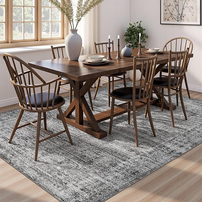 UERMEI 8x10 Area Rug Living Room Rugs - Washable Neutral Modern Abstract Soft Thin Rug Indoor Floor No Slip Rug Carpet for Bedroom Under Dining Table Home Office Decor - Dark Gray
