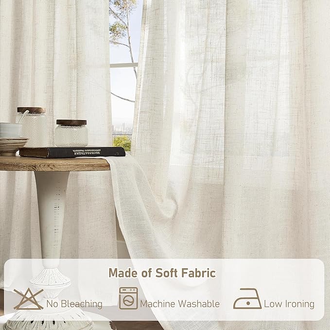 LAMIT Natural Linen Blended Curtains for Living Room, Back Tab and Rod Pocket Semi Sheer Curtains Light Filtering Country Rustic Drapes for Bedroom/Farmhouse, 2 Panels,52 x 120 Inch, Natural Ivory