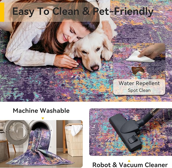 Washable Area Rugs 3'x5' Non-Slip Modern Abstract Soft for Living Room Entryway Bedroom Nursery, Print Pattern, Purple Orange Blue Green Rust Red Colorful
