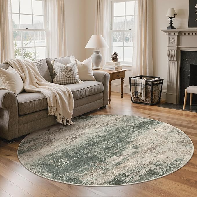 Round Rugs 4FT for Living Room Bedroom, Modern Abstract Machine Washable Circle Rug, Soft Low Pile Floor Cover with Non Slip Backing for Dining Room, Grey/Dark Green
