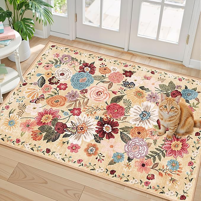 Floral Rug for Entryway, 2x3 Washable Kitchen Mat Ultra-Thin Soft, Non-Slip Indoor Door Carpet Stain Resistant Boho Small Low-Pile Throw for Bathroom Bedroom (Yellow Garden, 2 x 3)