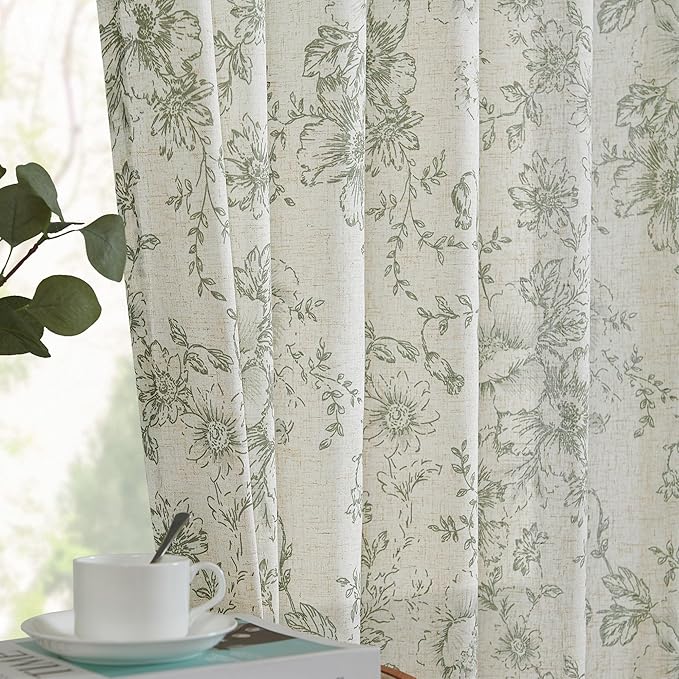 jinchan Pinch Pleated Curtains Floral Linen Blend Curtains for Living Room 96 Inches Length Green Peony Flower Printed Curtain Rod Pocket Back Tab Farmhouse Drapes with Hooks Set 2 Panels