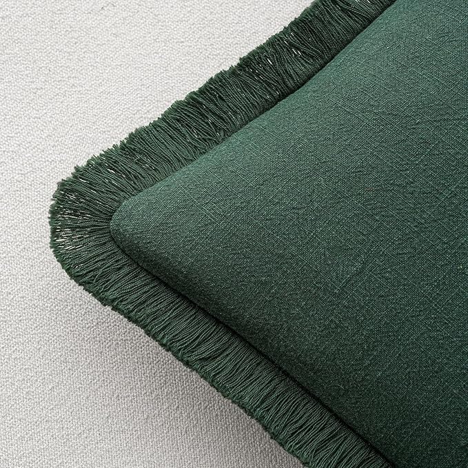 MIULEE Decorative Throw Pillow Covers Neutral Linen Fringe Throw Pillows Set of 2 Army Green Boho Farmhouse Cushion Covers with Tassels for Couch Sofa Bed Living Room Home Decor 18x18 Inch