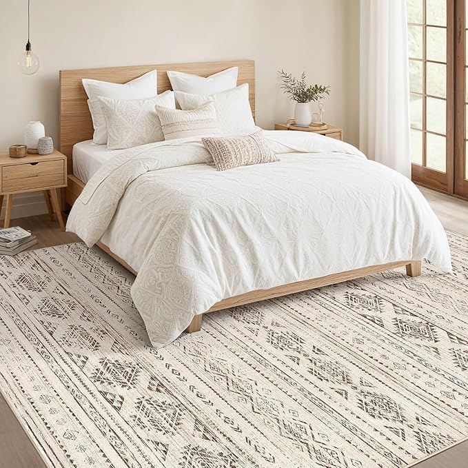 Nakagishi 8x10 Area Rugs Living Room: Washable Boho Large Neutral Soft Farmhouse Rug Stain Resistant Modern Moroccan Non-Slip Indoor Carpet for Bedroom Nursery Kids Office Dining Room- Dark Brown