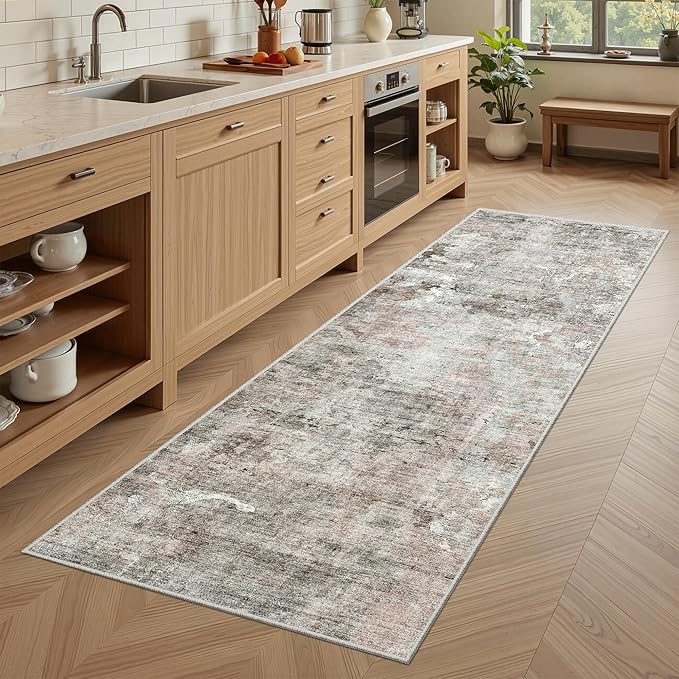 Runner Rug 2x6 Washable Non-Slip Kitchen Runner Rugs for Bathroom Laundry Room Pink/Grey Vintage Floor Carpet Runners for Hallway Entryway