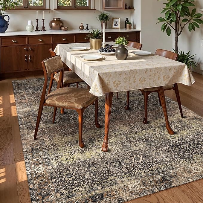 Washable Area Rug 3' x 5 ' Vintage Traditional Persian Mat - Foldable Distressed Non-Slip Machine Washable Carpet for Living Room Bedroom Kitchen Home Decor - Umber and Slate