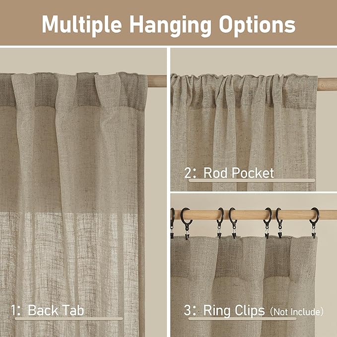 LAMIT Linen Curtains 60 Inch Length 2 Panels, Light Filtering Panels Back Tab and Rod Pocket Neutral Drapes for Bedroom/Window/Living Room, Taupe, 34 x 60 Inch