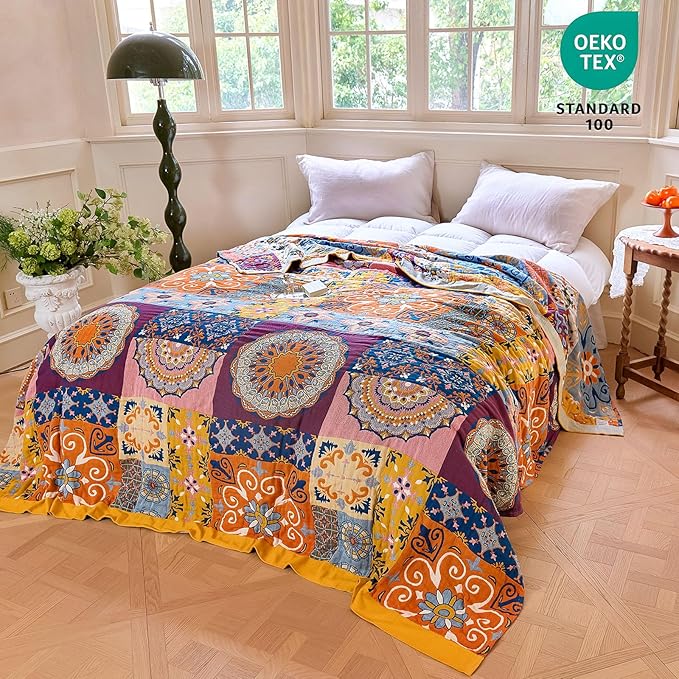 MSGKV Boho Throw Blanket for Couch 50"x60" 100% Cotton Blanket Spring Breathable Lightweight Blankets for Sofa Home Decor Muslin All Seasons
