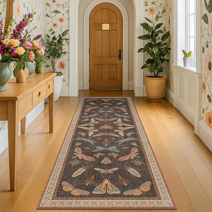 Brown 2x6 Indoor Rugs for Entryway - Washable Non Slip Runner for Kitchen Floor, Vintage Carpet Runners for Hallway 6ft, Insect Boho Design, Butterfly Moth Print Home Décor