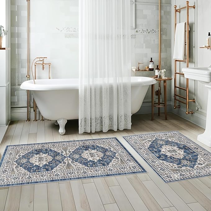 Washable 4-Piece Kitchen Floor Mats: Farmhouse Non-Slip Kitchen Sink Rug Easy Clean Water-Resistant Runners for Hallway Bathroom Soft Decorative Carpet for Pet Feeding Area(2x3+2x4+2x5+2x6,Blue)
