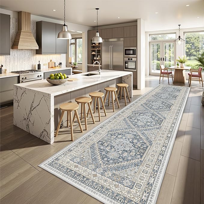 Carpet Runners for Hallway 12ft, Non-Slip Long Bathroom Rugs Runner for Kitchen, Bedroom, Soft Vintage Washable Rug for Entryway, Thin Floor Mat for Dining Room(Blue/Beige,2.5'x12')