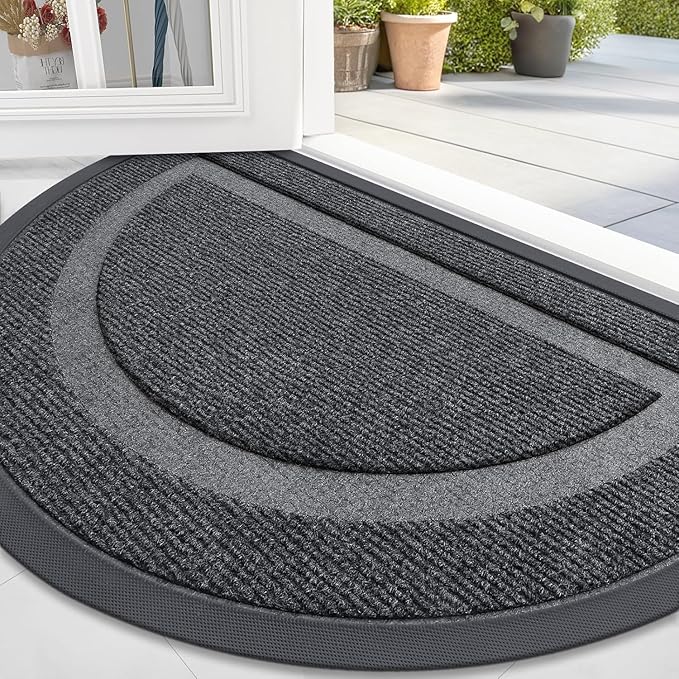 OLANLY Half Circle Door Mat Indoor Outdoor Entrance Welcome, Waterproof All-Season, All-Weather Doormat, Sturdy Natural Rubber, Low Profile, Easy Clean Patio Porch Entryway Mat, 47x23, Grey