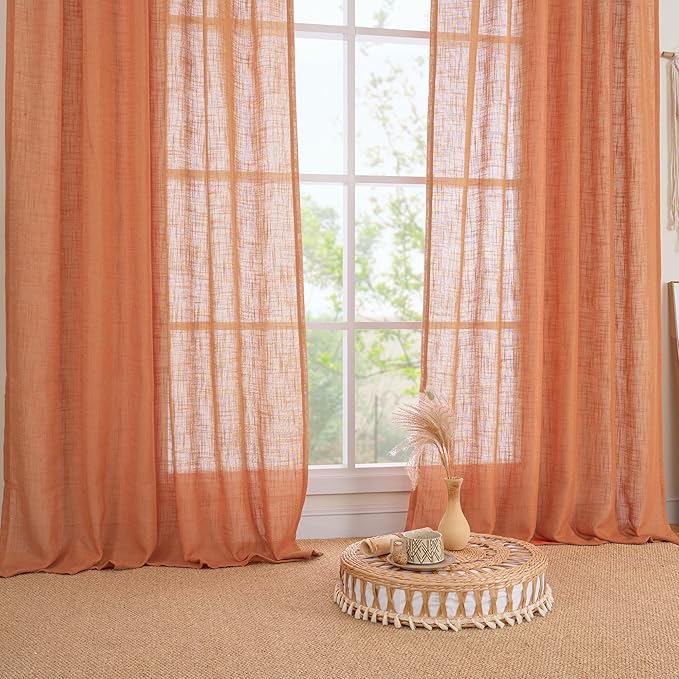 LAMIT Burnt Orange Linen Curtains 30 Inch Length for Cafe, Semi Sheer Light Filtering Panels Back Tab and Rod Pocket Small Window Drapes for Basement, 2 Panels, 34 x 30 Inch