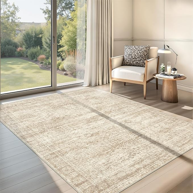 3x5 Washable Area Rug for Entryway, Soft Kitchen Rugs Non Slip for Dining Room, Vintage Abstract Living Room Rug, Thin Area Rugs Indoor for Bedroom, Kids Room Decor(3'x5', Beige/Ivory)