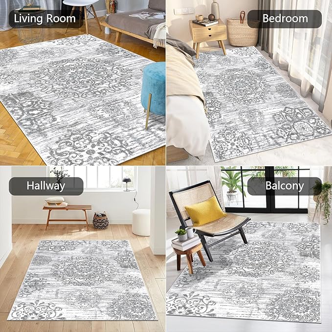 HEBE Washable Area Rug - 3'x5' Non Slip Soft Distressed Medallion Bedroom & Living Room Accent Throw Vintage Entry Floor Carpet for Dining Room & Bathroom Entryway