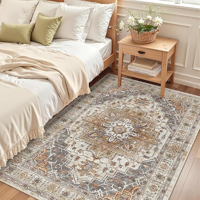 Madane Area Rug 3x5, Washable Vintage Entryway Rugs for Bedroom Non Slip Indoor Kitchen Runner for Living Room Laundry Room Playroom Soft Non-Slip Floor Carpets, Turmeric/Grey