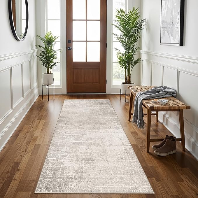 3x6 Washable Hallway Runner Rug: Abstract Stain Resistant Bathroom Kitchen Rug Farmhouse Ultra Soft Bedroom Entryway Print Floor Mat Thin Non-Slip Indoor Carpet for Living Room Laudry(3x6,Beige/Cream)